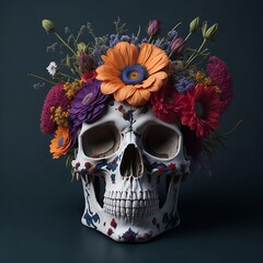Generative AI Calavera sugar skull 3D computer-generated image made to look hyperrealistic in a unique artistic style, isolated, floral skull for dia de los muertos