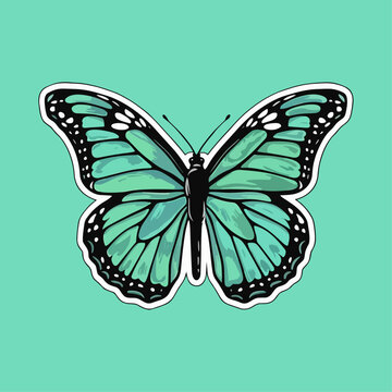 Beautiful colorful cartoon exotic vector isolated on white pastel green butterfly with colorful wings and antennae sticker
