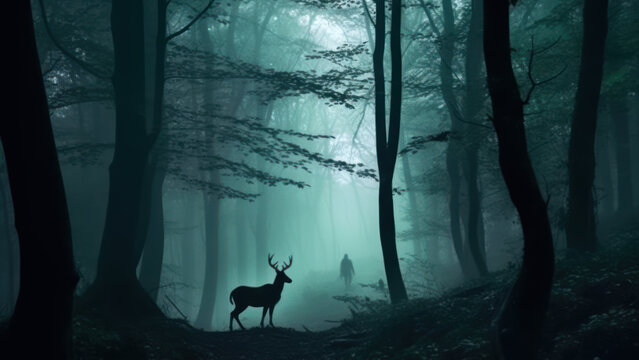 forest deer at night generative ai