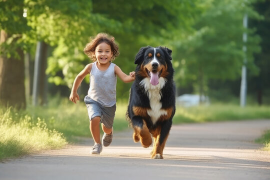 dark-skinned child runs for a walk next to a dog in a summer park