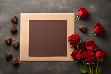 mock-up, blank empty sheet, postcard, rose, chocolate 