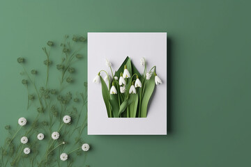 Spring mockup, white sheet, postcard, snowdrops, lilies of the valley 