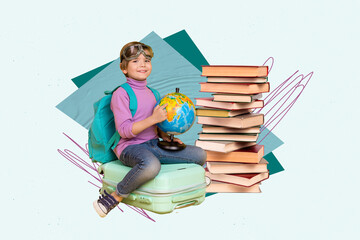 Photo collage picture of smiling cute little small boy learning geography dreaming travel isolated...