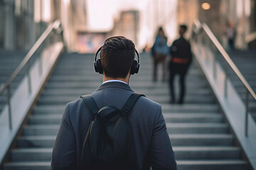Rear view of young man wearing headphones walking in stairs at train station