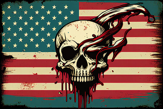 American flag of the United States of America background with a distressed vintage weathered effect and a ghoulish zombie skull dripping in blood, computer Generative AI stock illustration image