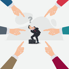 Vector businessman among the pointing hands. Businessman to blame concept illustration