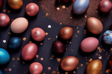 Easter cosmic space colored eggs. Idea for greetings and Easter. Top view concept with colored eggs in flat lay style. AI Generative