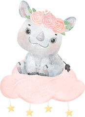 Fototapeta premium Cute sweet cheerful Baby Rhinoceros sitting on cloud, wild animal watercolour nursery children cartoon drawing