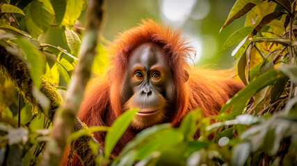 Fototapeta premium Sumatran Orangutan in Lush Rainforest - Captivating Wildlife Imagery, Perfect for Environmental and Conservation Themes.