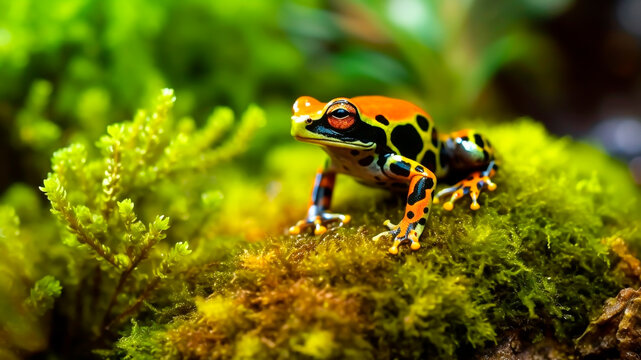 A Harlequin Frog (Atelopus varius) perched on a moss-covered rock.