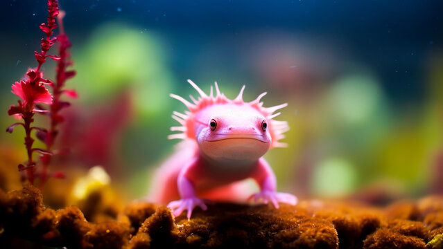 Pink Salamander Swimming In The Aquarium. Underwater Life.