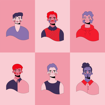 Set of avatars icons of men faces. Diversity characters for social media, user profile, app design, websites. Cartoon vector illustration of men and women.