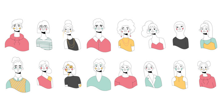 Set of avatars icons of people faces. Diversity characters for social media, user profile, app design, websites. Cartoon vector illustration of men and women.