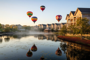 Colorful hot air balloons hover over a lake outside of residential buildings