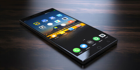 A black smartphone with an overlay of images and icons on it