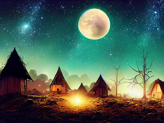 Moonlight village and galaxy