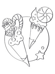 contour line illustration sketch style ice cream summer waffle cones sundae design element postcard printable sticker coloring book