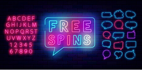 Free spins neon label. Jackpot sign. Shiny pink alphabet. Speech bubbles frames set. Vector stock illustration