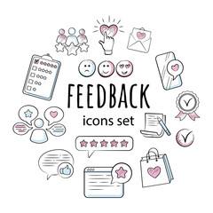 Feedback color set of doodle-style icons. Review, rating, five stars, like.