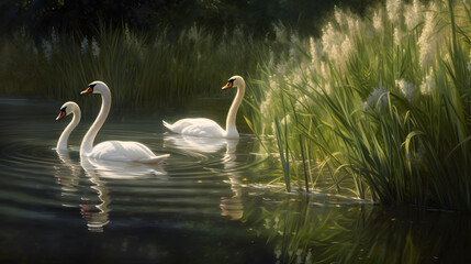 Fototapeta premium family of swans created with generative AI
