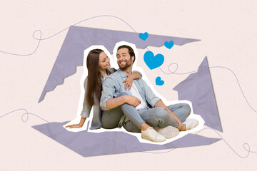 Photo collage artwork minimal picture of cute charming guy lady hugging enjoying time together...