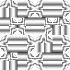 Modern vector abstract seamless geometric pattern with semicircles and circles in retro  style. Black u shapes on white background. Minimalist  illustration in Bauhaus style with simple shapes.