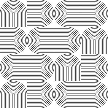 Modern vector abstract seamless geometric pattern with semicircles and circles in retro  style. Black u shapes on white background. Minimalist  illustration in Bauhaus style with simple shapes.