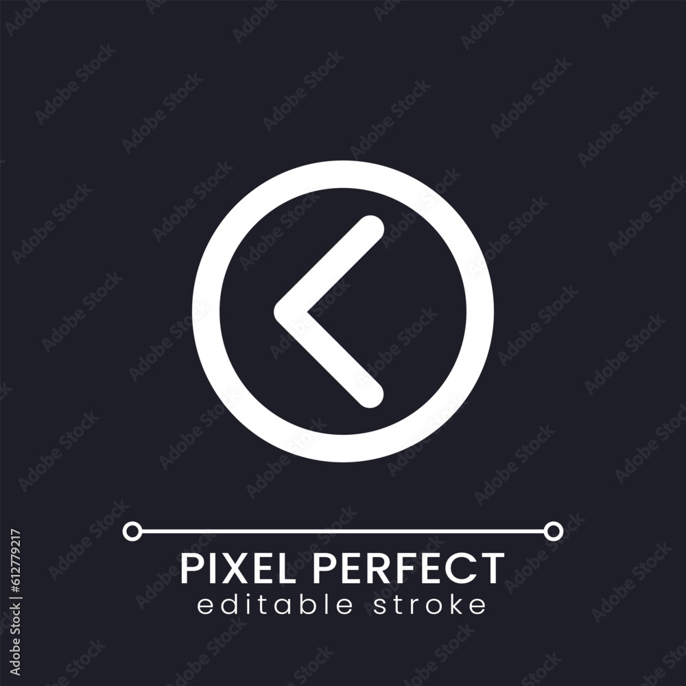 Poster left direction arrow pixel perfect white linear ui icon for dark theme. mobile app element. vector l