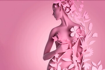 Paper cut , Breast cancer awareness day, Body Woman with flowers on pink background , Created with generative AI