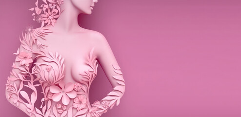 Paper cut , Breast cancer awareness day, Body Woman with flowers on pink background , Created with generative AI