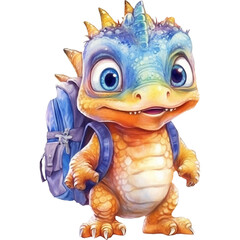 Obraz premium Cute cartoon dinosaur with backpack, Watercolor illustration AI Generative