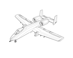 Fototapeta na wymiar Outline Combat aircraft in isolate on a white background. Modern combat aircraft. Stylized image of a fighter jet on a white background. Vector image for prints, poster and illustrations..