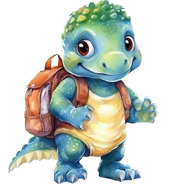 recommend clip art: Cute cartoon dinosaur with backpack, Watercolor illustration AI Generative