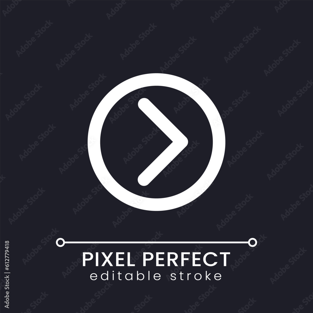 Poster right direction pointer pixel perfect white linear ui icon for dark theme. website element. vector l