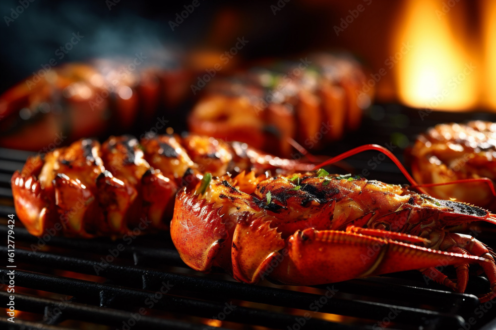 Wall mural grilling lobster over hot flame, macro close up, ai generative.