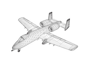 Wireframe Combat aircraft in isolate on a white background. Modern combat aircraft. Stylized image of a fighter jet on a white background. Vector image for prints, poster and illustrations. 3D..