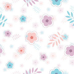 White pattern with pink, blue and lilac flowers.
