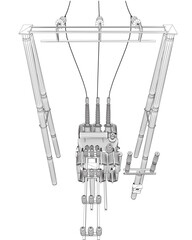 Wireframe Electric transformer substation. Power grid substation - vector illustration. Electrical substation. The high-voltage transformer and switch. Risk of electric shock. electricity supply. 3D..