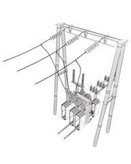Wireframe Electric transformer substation. Power grid substation - vector illustration. Electrical substation. The high-voltage transformer and switch. Risk of electric shock. electricity supply. 3D..