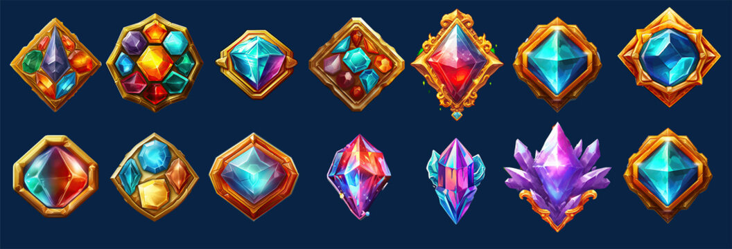 A game of magic gems of different colors and shapes. Crystal gems, jewel rocks and mineral stones. Isolated on background. Cartoon Generative AI