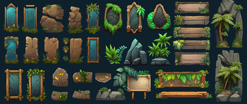Jungle wooden signboards. Wood board with tropic leaves,game wooden and stone panels in jungle style with space for text. Empty boards from brown wood. Generative AI