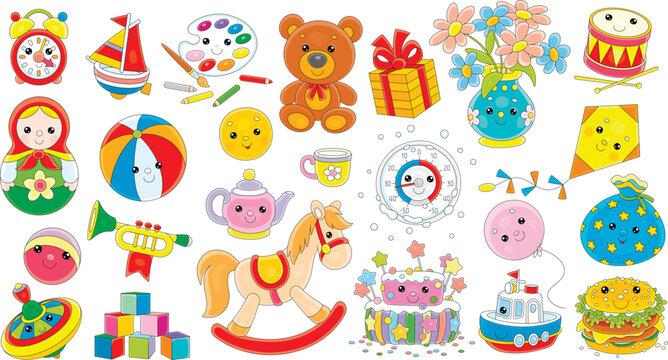 Cute Kawaii baby toys, colorful gifts and holiday sweets for little kids, set of outline vector cartoon illustrations isolated on a white background