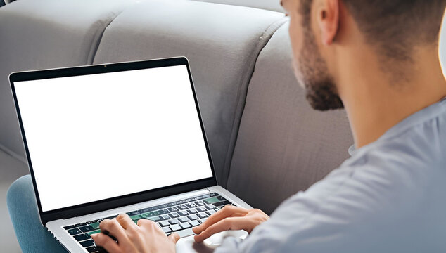 person working on laptop, Young man using laptop computer with blank empty mockup screen, work, office, person, working, typing,