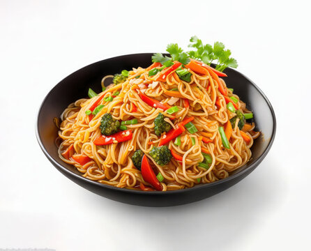 A black plate of noodles with vegetables isolated on white background, front view  ai generated