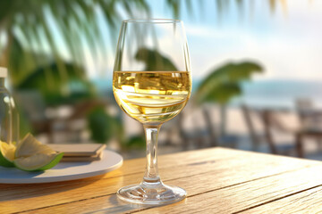 Glass of white wine on table near the tropical beach. AI Generative