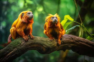 pair of golden lion tamarins (Leontopithecus rosalia), perched on a tree branch, in a green and fairy-like fores