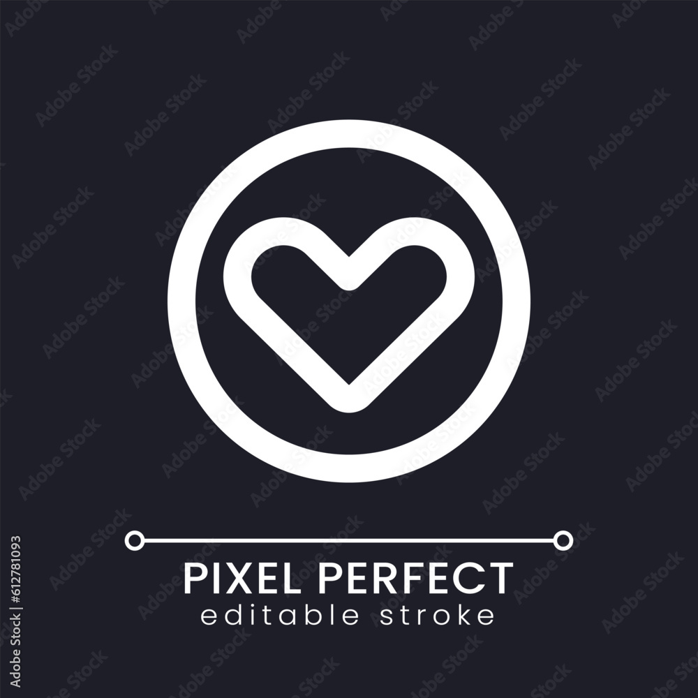 Poster heart pixel perfect white linear ui icon for dark theme. add product to favourite list. vector line 