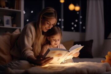 Family before going to bed mother reads to her child a book near a lamp in the evening