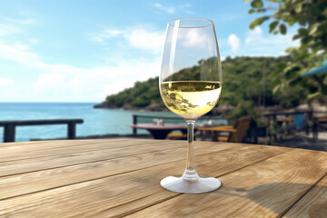 Obraz premium Glass of white wine on table near the tropical beach. AI Generative