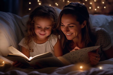 Family before going to bed mother reads to her child a book near a lamp in the evening - obrazy, fototapety, plakaty